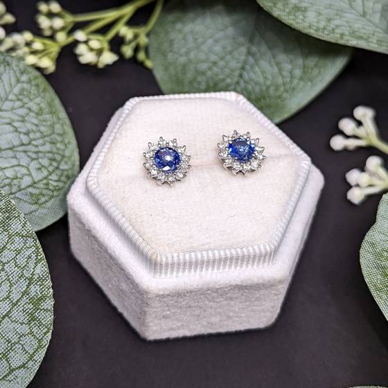 1.86ct VS/E-F Oval and Round Blue Sapphire Halo Earrings