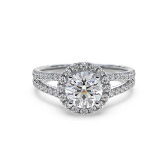 0.91ct SI1/F Unique Round Lab Grown Diamond Halo Shoulder Set Ring