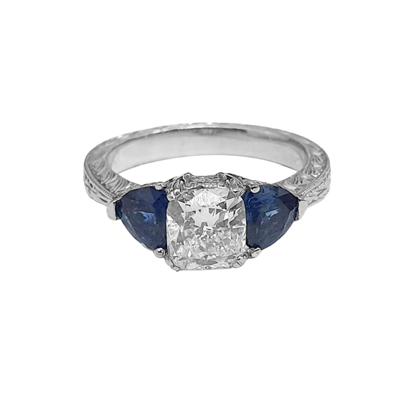 2.11ct VS1/E Cushion and Blue Sapphire 3 Stone Ring