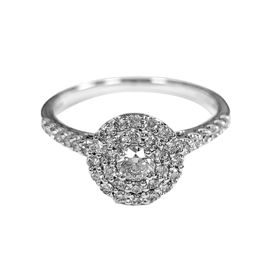 0.67ct VVS/G Shoulder Set Double Halo Round Cut Diamond Ring