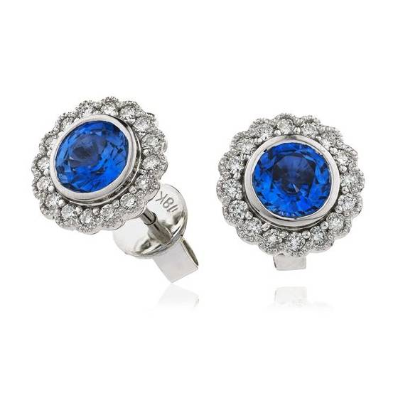 1.30ct VS/F-G Round Blue Sapphire and Diamond Cluster Earrings