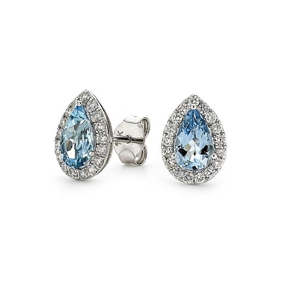 0.92ct VS/F-G Pear Shaped Aquamarine and Halo Diamond Earrings