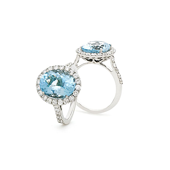 0.65ct VS/F-G Oval Aquamarine and Round Diamond Halo Ring