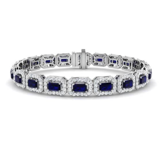 9.28ct SI2/G Emerald cut Blue Sapphire Gemstone Bracelet in 18k White Gold