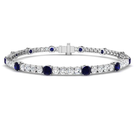 6.74ct SI2/G Round cut Blue Sapphire Gemstone Bracelet in 18k White Gold