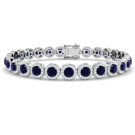 10.35ct SI2/G Round cut Blue Sapphire Gemstone Bracelet in 18k White Gold