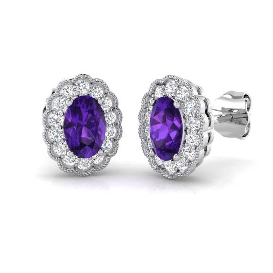 1.10ct SI2/G Oval cut Amethyst Gemstone Earrings in 18k White Gold