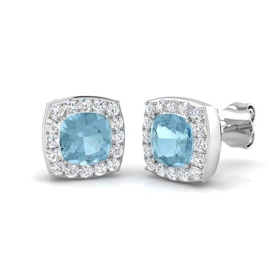 2.11ct SI2/G Cushion cut Aquamarine Gemstone Earrings in 18k White Gold