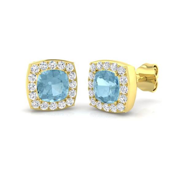 2.11ct SI2/G Cushion cut Aquamarine Gemstone Earrings in 18k Yellow Gold