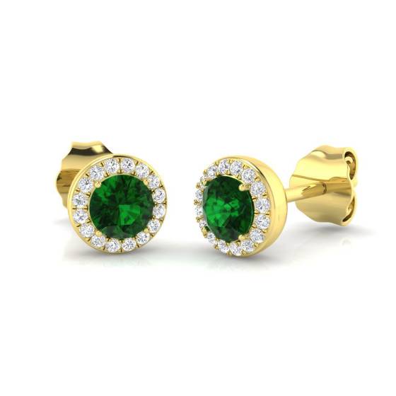 0.91ct SI2/G Round cut Green Emerald Gemstone Earrings in 18k Yellow Gold