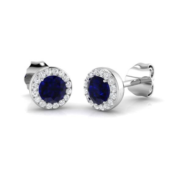 0.80ct SI2/G Round cut Blue Sapphire Gemstone Earrings in 18k White Gold