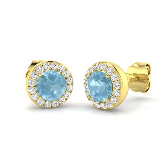 1.05ct SI2/G Round cut Aquamarine Gemstone Earrings in 18k Yellow Gold