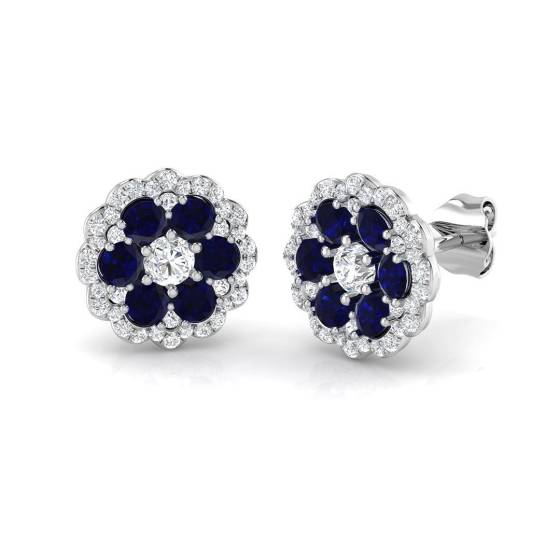 1.25ct SI2/G Round cut Blue Sapphire Gemstone Earrings in 9k White Gold