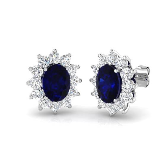 3.77ct SI2/G Oval cut Blue Sapphire Gemstone Earrings in 18k White Gold