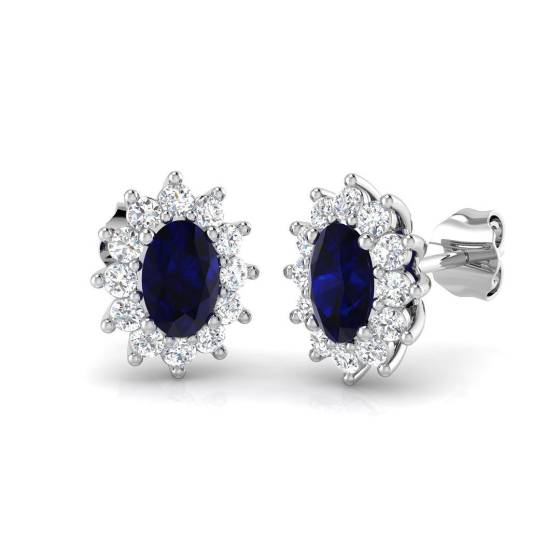 1.31ct SI2/G Oval cut Blue Sapphire Gemstone Earrings in 18k White Gold