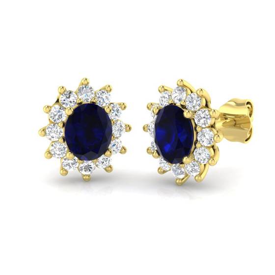 2.37ct / Oval cut Blue Sapphire Gemstone Earrings in 18k Yellow Gold