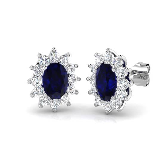 2.60ct SI2/G Oval cut Blue Sapphire Gemstone Earrings in 18k White Gold