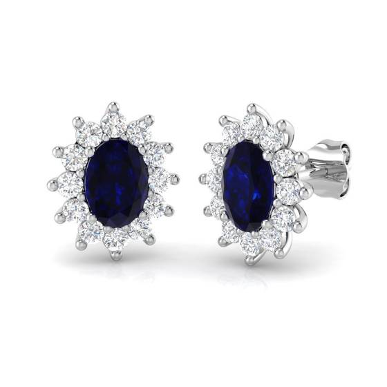 2.94ct SI2/G Oval cut Blue Sapphire Gemstone Earrings in 18k White Gold