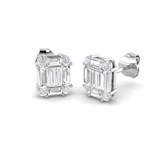 0.77ct SI1/G Baguette cut Diamond Cluster Earrings in 18k White Gold