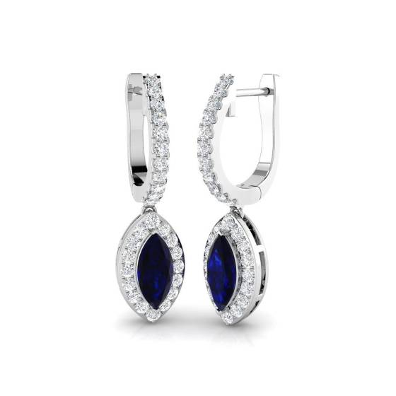 2.02ct SI2/G Marquise cut Blue Sapphire Gemstone Earrings in 18k White Gold