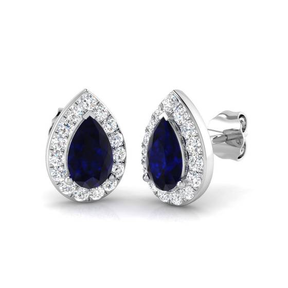 2.29ct SI2/G Pear cut Blue Sapphire Gemstone Earrings in 18k White Gold