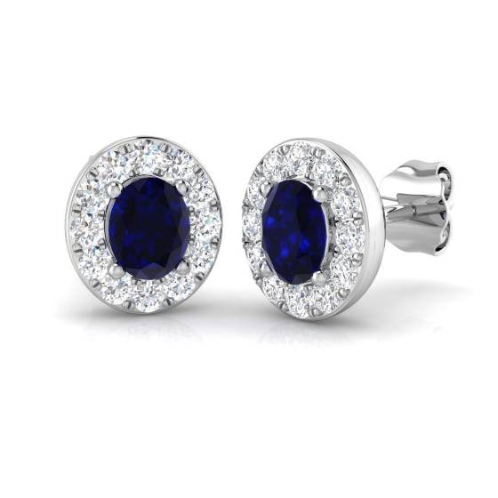 1.24ct SI2/G Oval cut Blue Sapphire Gemstone Earrings in 18k White Gold