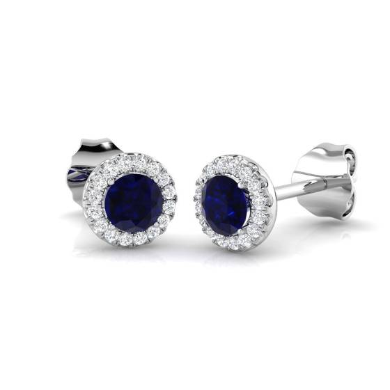 0.98ct SI2/G Round cut Blue Sapphire Gemstone Earrings in 18k White Gold