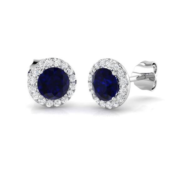 0.98ct SI2/G Round cut Blue Sapphire Gemstone Earrings in 9k White Gold