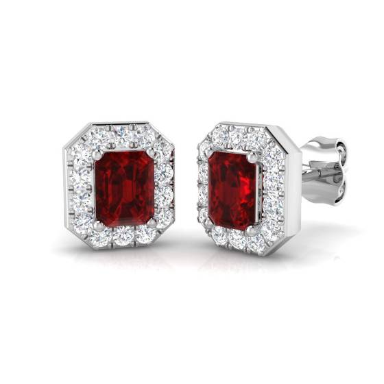 1.31ct SI2/G Emerald cut Ruby Gemstone Earrings in 18k White Gold