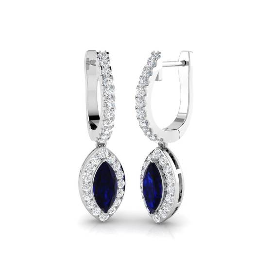 1.70ct SI2/G Marquise cut Blue Sapphire Gemstone Earrings in 18k White Gold