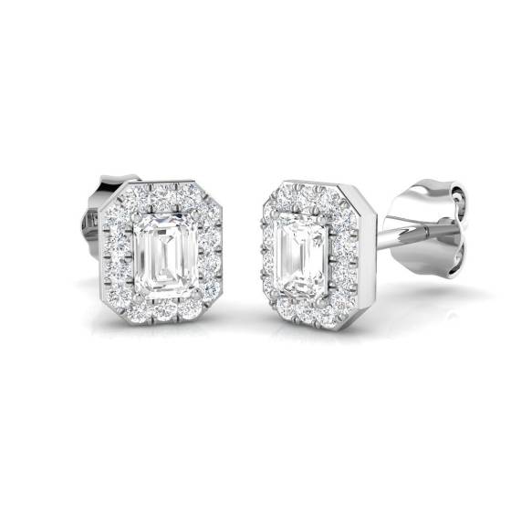 0.56ct SI2/G Emerald cut Diamond Halo Earrings in 18k White Gold