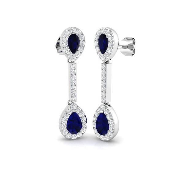 2.31ct SI2/G Pear cut Blue Sapphire Gemstone Earrings in 18k White Gold