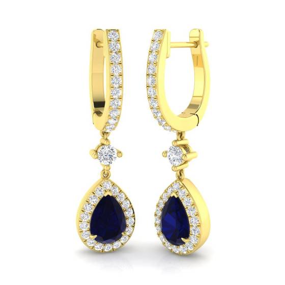 2.03ct SI2/G Pear cut Blue Sapphire Gemstone Earrings in 18k Yellow Gold