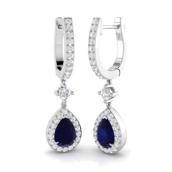 2.43ct SI2/G Pear cut Blue Sapphire Gemstone Earrings in 18k White Gold