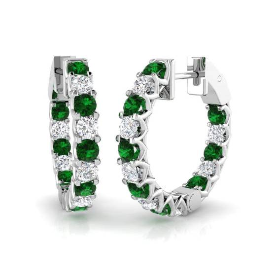 1.61ct SI2/G Round cut Green Emerald Gemstone Hoop Earrings in 18k White Gold