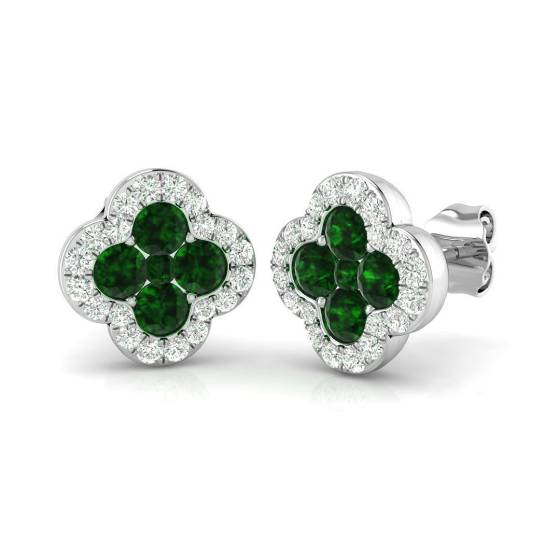 1.00ct SI2/G Round cut Green Emerald Gemstone Earrings in 18k White Gold