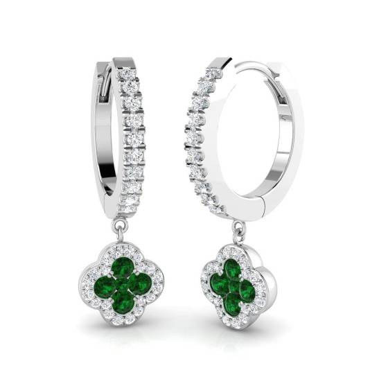 0.73ct SI2/G Round cut Green Emerald Gemstone Hoop Earrings in 18k White Gold