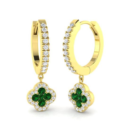 0.73ct SI2/G Round cut Green Emerald Gemstone Hoop Earrings in 18k Yellow Gold