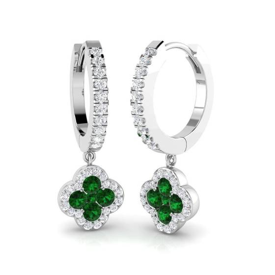 0.72ct SI2/G Round cut Green Emerald Gemstone Hoop Earrings in 18k White Gold