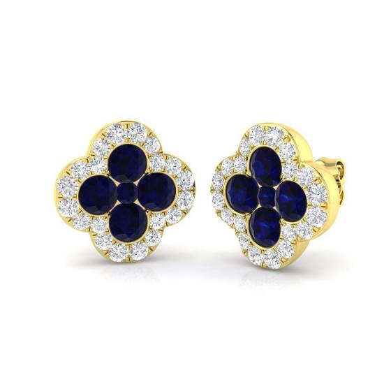 2.91ct SI2/G Round cut Blue Sapphire Gemstone Earrings in 18k Yellow Gold