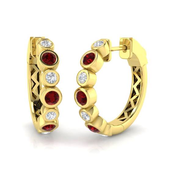 0.93ct SI2/G Round cut Ruby Gemstone Hoop Earrings in 18k Yellow Gold