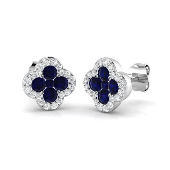 0.84ct SI2/G Round cut Blue Sapphire Gemstone Earrings in 18k White Gold