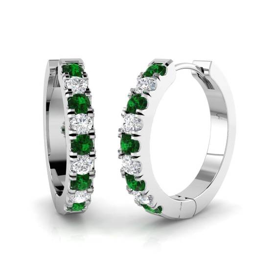 0.55ct SI2/G Round cut Green Emerald Gemstone Hoop Earrings in 18k White Gold