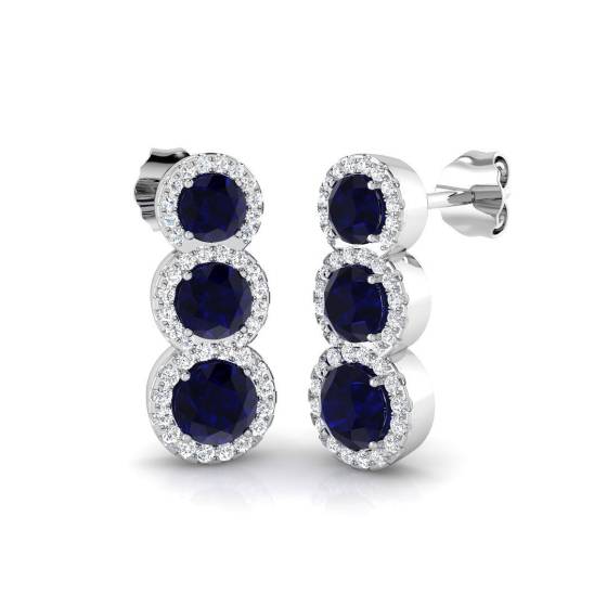 2.08ct SI2/G Round cut Blue Sapphire Gemstone Earrings in 18k White Gold