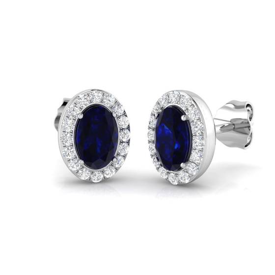 1.09ct SI2/G Oval cut Blue Sapphire Gemstone Earrings in 18k White Gold