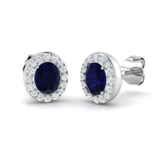 0.92ct SI2/G Oval cut Blue Sapphire Gemstone Earrings in 18k White Gold