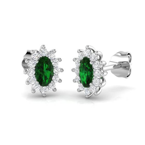 0.79ct SI2/G Oval cut Green Emerald Gemstone Earrings in 18k White Gold