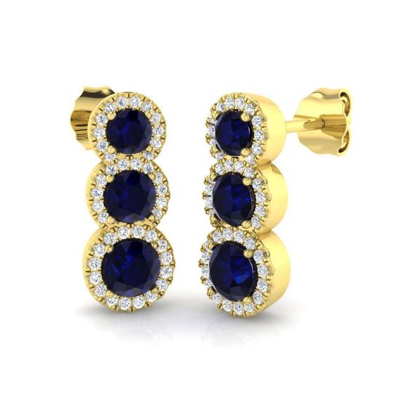 1.67ct SI2/G Round cut Blue Sapphire Gemstone Earrings in 18k Yellow Gold