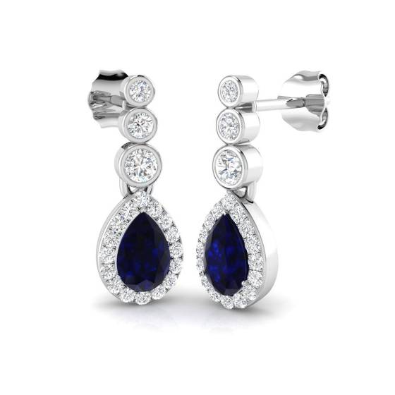 1.49ct SI2/G Pear cut Blue Sapphire Gemstone Earrings in 18k White Gold