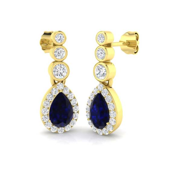 2.60ct SI2/G Pear cut Blue Sapphire Gemstone Earrings in 18k Yellow Gold